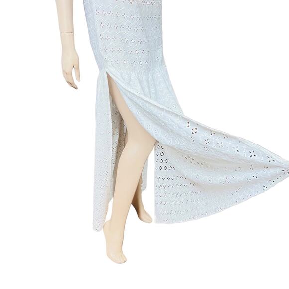 Natural Rough Cotton Off-white Eyelet Maxi Dress Size Fit L Slit on Both Sides - Picture 9 of 15